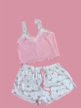Women's Pink Lace-Trim Cami & Floral Sleep Short Set